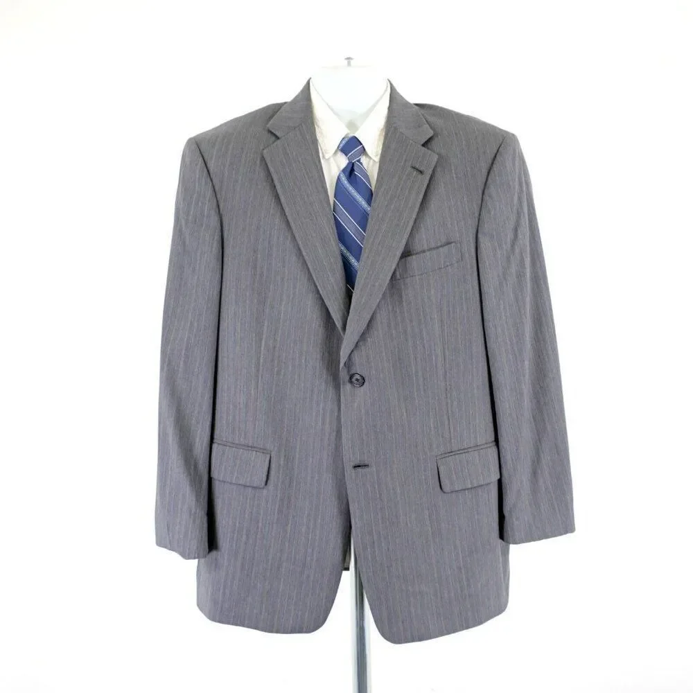 Hart Schaffner Marx‎ Wool Gray W/ Blue White Striped 40R / Slim 42R Suit Jacket